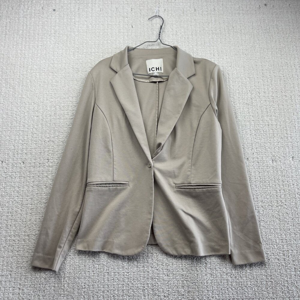 ICHI Kate Blazer Jacket Women Size L  Academia Preppy Earth Tone Gray Office